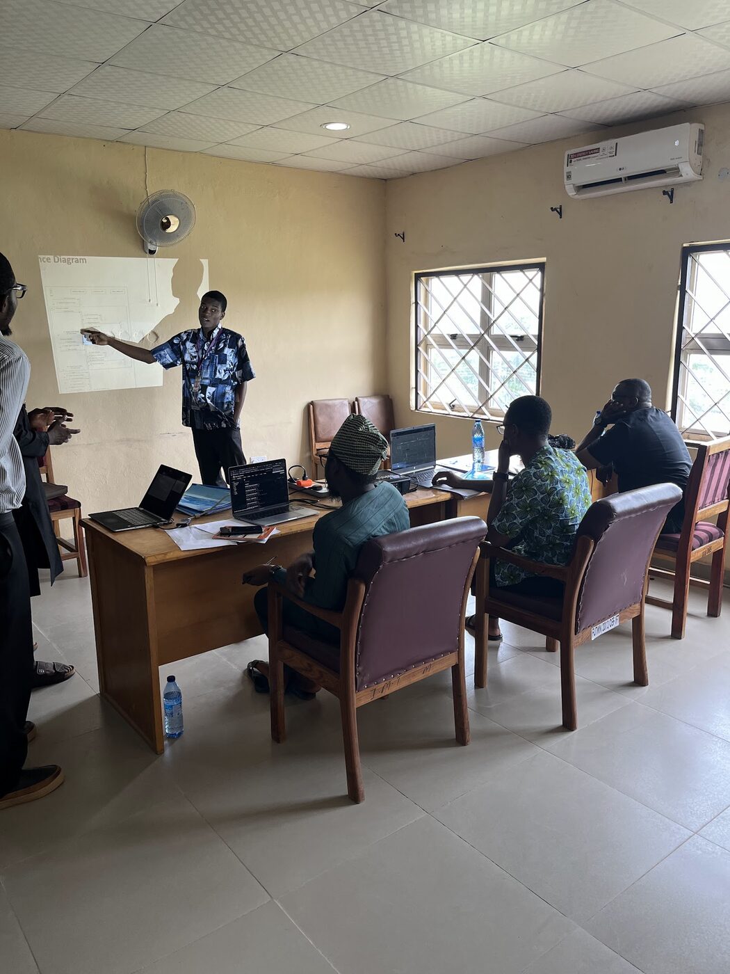 A student presenting their team's project to a panel of lecturers