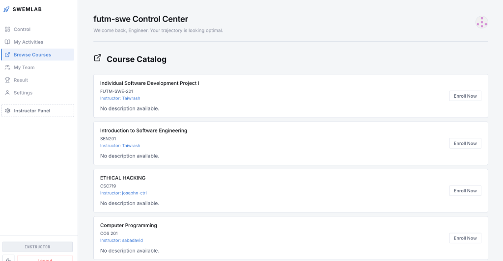 SWEMLab Course Catalog with SEN201, Individual Software Project I, Ethical Hacking, and Computer Programming