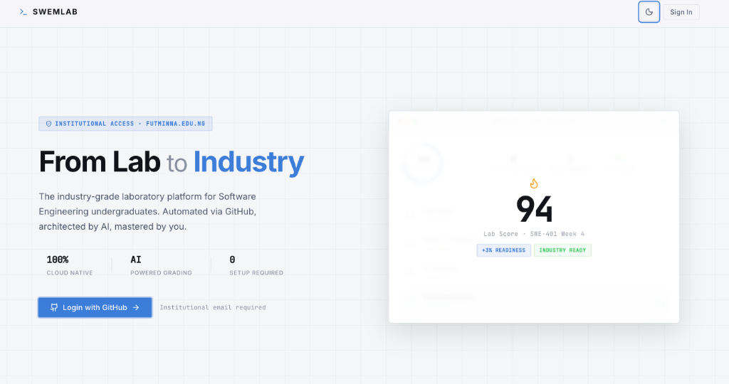 SWEMLab platform interface — From Lab to Industry, automated grading via GitHub and AI architecture